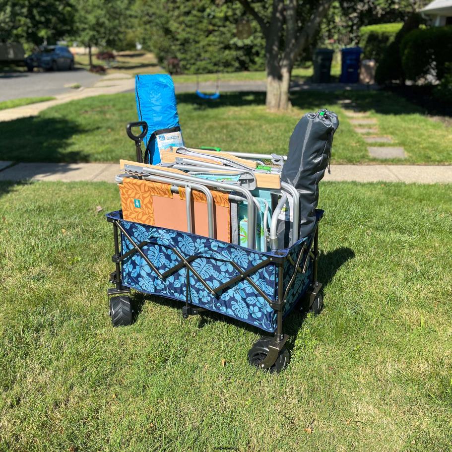 Tools | Sun Joe Bliss Hammocks BHW-100-BF Collapsible Garden Cart/Beach Wagon w/ Storage Bag | 36-in. x 22-in. | Tool/Beverage Holders & Wheels | Waterproof | 175 Lb. Capacity (Blue Flowers) X862F878