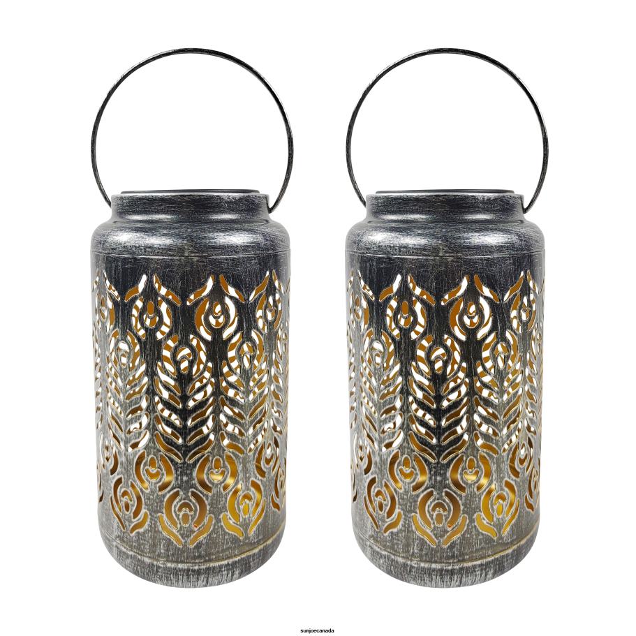 Tools | Sun Joe Bliss Outdoors BSL-310-S Set of 2 Solar LED Lanterns w/ Phoenix Feather Design & Hand Painted Finish | 9-in. Tall | Waterproof IP44 (Silver) X862F556