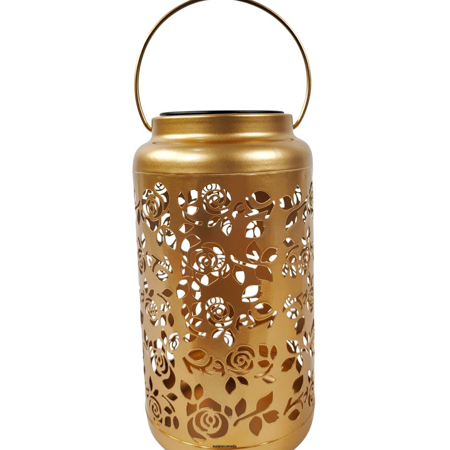 Tools | Sun Joe Bliss Outdoors BSL-313-G Set of 2 Solar LED Lanterns w/ Rose Design & Hand Painted Finish | 9-in. Tall | Waterproof IP44 (Gold) X862F557