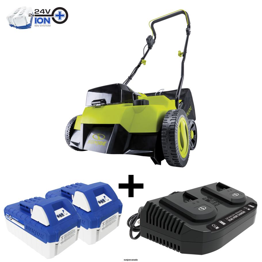Tools | Sun Joe 24V-X2-DTS15 24-Volt* Cordless Scarifier + Dethatcher Kit | 5-Depth Positions | 14-inch | Brushless Motor | W/ 2 x 4.0-Ah Batteries + Dual Port Charger X862F149